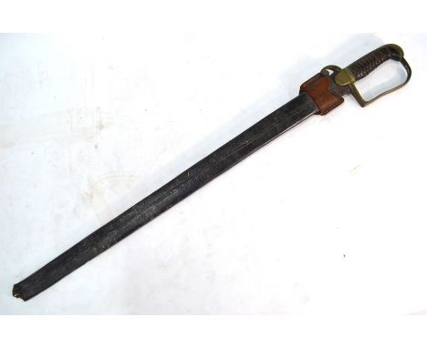 A 19th century boarding hanger sword with 66 cm blade, brass guard with ribbed wooden grip, in leather scabbard (a/f)