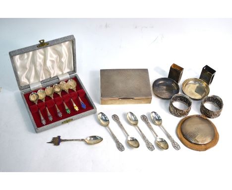 A cased set of six 1950s design silver coffee spoons with floral enamel finials, Deakin &amp; Francis, Birmingham 1952, to/w 