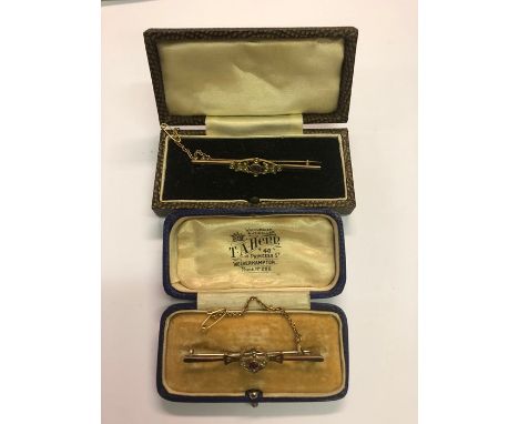 Two Edwardian gold bar brooches, one set garnet and pearls, the other set amethyst and pearls, cased (2)