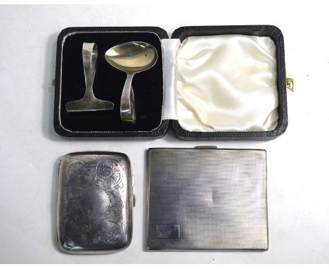 An engine-turned cigarette case, Birmingham 1936, to/w an engraved cigarette case, Birmingham 1921 and a cased silver infant'