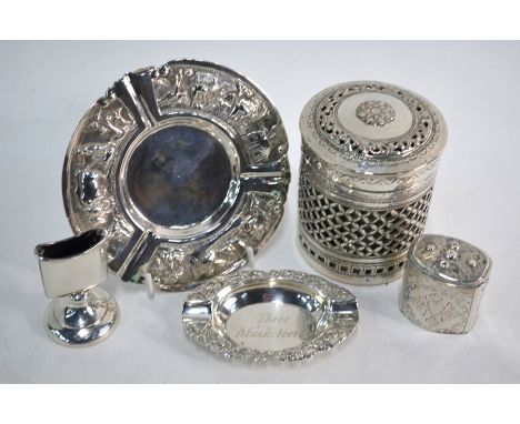 A 19th century Dutch .833 standard snuff-box, to/w an Indian white metal cylindrical cigarette box, an Asian ashtray, a Germa