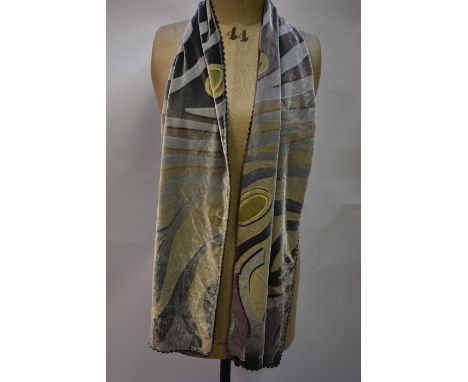 Georgina Von Etzdorf scarves - A pale grey/ivory velvet scarf with abstract design, a silk pale lilac/green scarf with flower