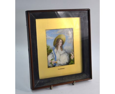 Early 19th century school, portrait miniature of a young lady with straw bonnet and voluminous white lace-trimmed gown, in ga