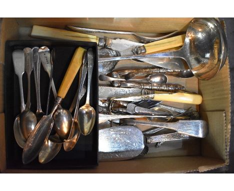 A pair of George III bright cut silver sugar tongs, Solomon Hougham, London 1799, four similar teaspoons, London 1798, two pa