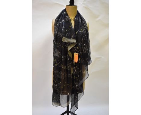 Georgina Von Etzdorf scarves - A large black silk georgette scarf with yellow/grey star design (bnwt), a black silk georgette