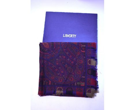 A Liberty of London silk/cashmere red/blue paisley scarf with a Liberty box, &nbsp;to/w a pale blue/grey wool scarf (2)Good c