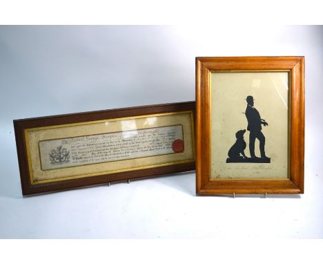 A late 19th century silhouette cut-out of a dapper gentleman with his dog, inscribed in pen below 'Lieut John Bond HMS 'Serap