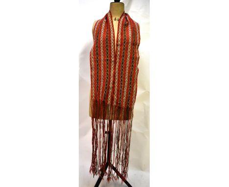 A vintage hand-crafted red wool scarf with long fringe and beaded dart pattern, an ivory silk satin and metallic thread chrys
