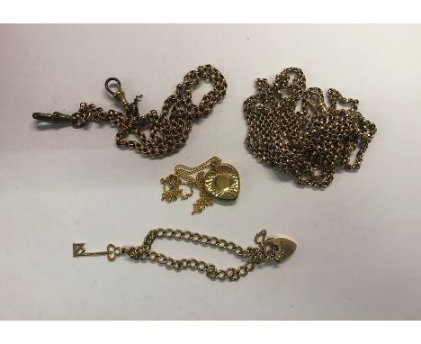 A rose-coloured metal long belcher chain with swivel attached stamped 9c, 80 cm to/w belcher chain; 9ct yellow gold curb brac