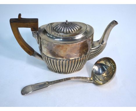 A late Victorian silver oval half-reeded bachelor teapot, London 1900, 7.1 oz gross, to/w a Scottish George IV fiddle and thr