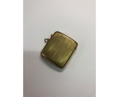 A Victorian rectangular 9ct yellow gold vesta case, engine turned decoration overall, London 1862, 5 x 4.5 cm, approx 28.6gSo