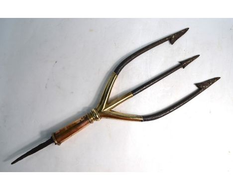 An antique brass &amp; steel trident-head, 52 cm overall (lacks shaft) - possibly 18th century