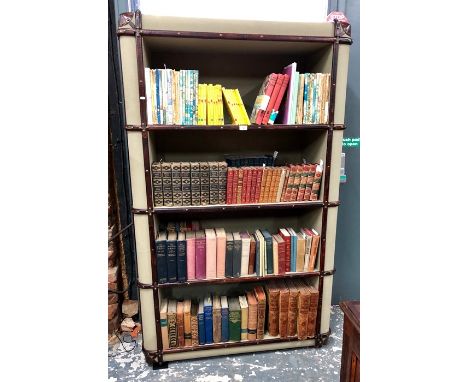Richard's Trunks, a bespoke luggage trunk styled open bookcase, leather and sage green canvas with four shelves, 115 cm w x 4