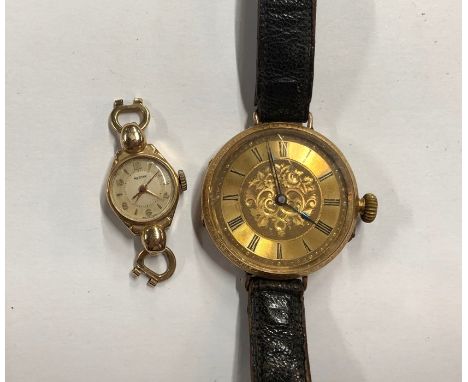 A gentleman's vintage 18k wristwatch with engraved case and gilt dial, Swiss movement, inner steel dust cover engraved for J.