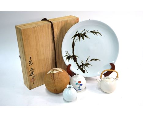 Five Shibui examples of modern Japanese ceramic design, comprising: a large circular dish with a bamboo design, 34.5 cm diame