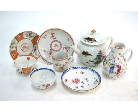 Five items of Chinese Export Porcelain, comprising: a teapot and domed cover; a famille rose, milk jug, 11 cm high; a rouge-d