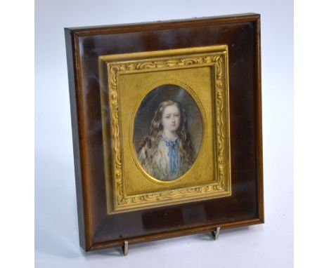 Victorian School - Oval portrait miniature of a young lady with long, undressed hair, unsigned, 8.5 x 6.5 cm, in gilt frame w