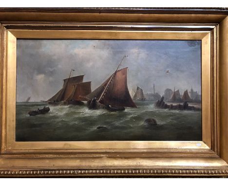 Continental school - An extensive seascape with sailing ships off the coast, oil on canvas, 49 x 90 cm&nbsp;One inch tear to 