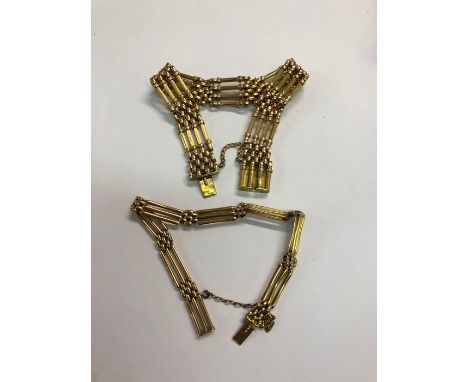 A yellow metal four row bar bracelet, concealed clasp with safety chain stamped 15ct, to/w a smaller three row example stampe