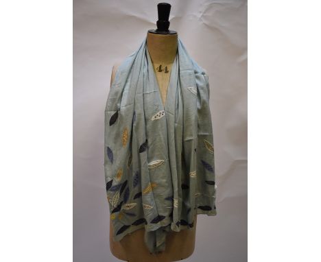 Georgina Von Etzdorf scarves - An eau de nil cotton scarf applicaed with stitchworked leaves (bnwt), a dark blue chiffon scar