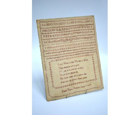 A 19th century alphabet sampler with spiritual verse, Esther Emma Roberts, 7 years, 31 x 25 cm; lot includes copy of marriage