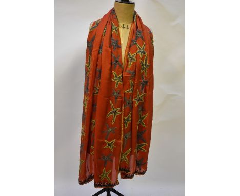 Georgina Von Etzdorf scarf &nbsp;- A silk coral red silk scarf with stitchwork leaf design and sequins to ends (bnwt), to/w a