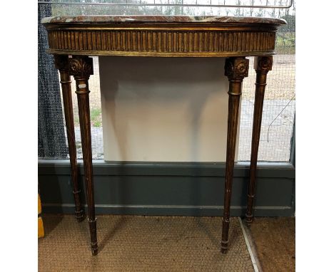 A 19th century demi-lune giltwood console table, the marble top over an a arcade frieze and raised on four slender turned flu