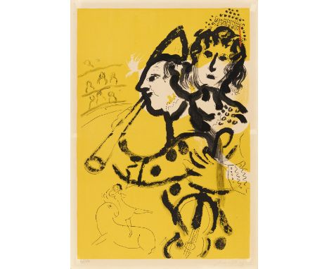 Marc Chagall, Le Clown MusicienOriginal-Farblithographie auf Velin mit Wasserzeichen "ARCHES". 66,4 x 45,9 cm (71,8 x 50,5 cm