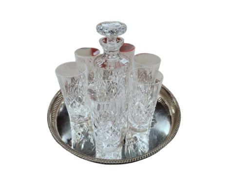 VINTAGE EDINBURGH CRYSTAL DECANTER &amp; 6" TALL EDINBURGH GLASSES &amp; SILVER PLATE TRAY 