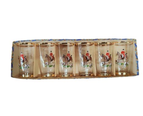 VINTAGE DECOR GLASS SET FOXHUNTER WEMBLEY PONY'S IN ORIGINAL BOX 