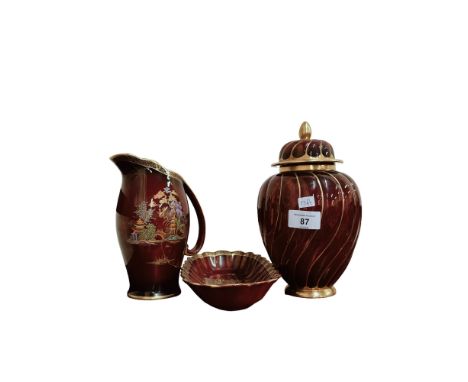 CARLTONWARE ROUGE ROYALE VASE AND LID &amp; 2 PIECES OF CROWN DEVON 