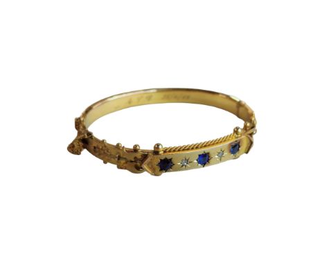 9 CARAT GOLD VICTORIAN DIAMOND, SAPPHIRE BANGLE - 12 GRAMS TOTAL 