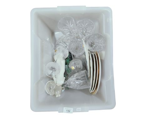 BOX LOT TO INCLUDE TYRONE CRYSTAL, WEDGEWOOD, ROYAL DOULTON, NAO ETC 