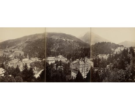 Gastein -- Photographer: Würthle &amp; Spinnhirn. Panoramic view of Gastein. 1896. 3 albumen prints, mounted as a 3-part pano