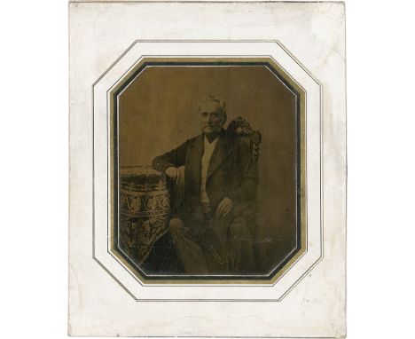 Daguerreotypes -- Photographer unknown. Portrait of a man. Circa 1865. Pannotype. 8 x 7 cm (12,5 x 10,5 cm). Mounted in conte