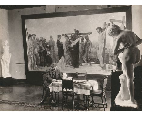 Klinger, Max -- Photographer: Otto Haeckel (1872-1945). Max Klinger in his studio in front of his large painting "Die Kreuzig