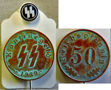 German WWII SS Stick Pin maker marked: M1/26 with an SS Canteen Coin for 50 Pfennig. Scarce coin