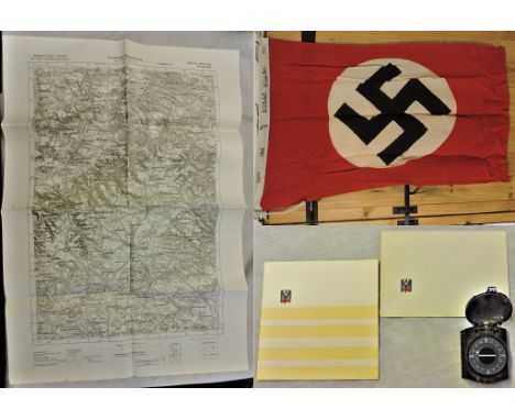 German WWII Pocket Compass with German 1944 dated map Red cross Card and Nazi Party Flag Arm Bank etc. See T&amp;C's