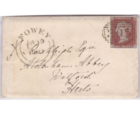 Cornwall 1847 -Cover (with contents) with penny red on blue(SG8) with five cancels - horizontal oval 305(Fowey) and Fowey dou