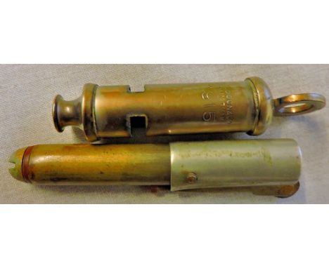 British WWI Hudson Officers 1915 dated trench whistle (modern)  plus a Trench art lighter.