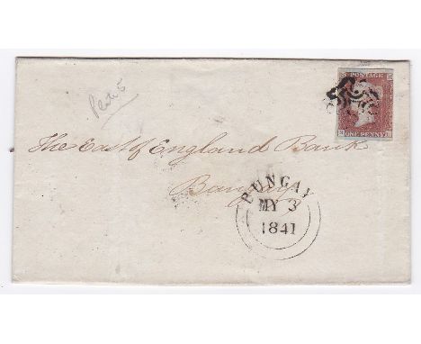 Suffolk 1841 Cover-for postage within Bungay with (SG 7) penny red (3 margined)printed from plate (5) on blue paper (Cat £300