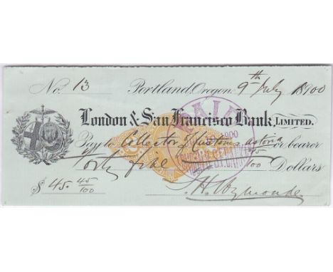 Cheque 1900 London &amp; San Fransico Bank Ltd, Portland, orange on light green, vignette at left