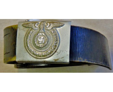 German WWII Ss Belt and Buckle, makers marked: 'RZM' 155/40 SS and SS marking on the leather. It has seen light service wear 