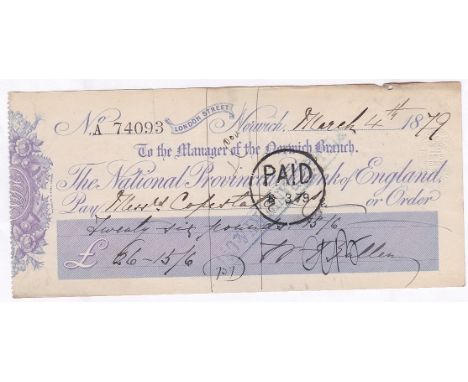 Cheque 1879 National Provincial Bank of England Norwich Branch, used light mauve on white