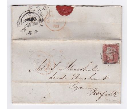 Herts 1848 EL-Biggleswade to Kings Lynn, with 2 margin, penny red (SG8)-with Bedford (61) numeral cancel, on reverse are Bedf