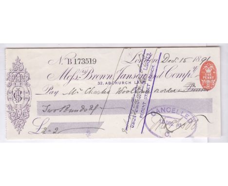Cheque 1891 Brown, Janson and Company used, Abchurch Branch, light lilac on white