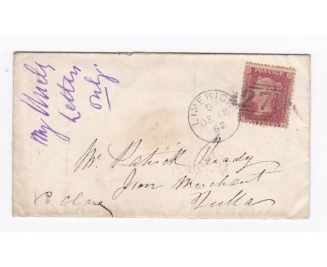 Ireland 1862 -Cover Limerick-Co Clare, with 1d rose-red(SG40) with 271 cancel in a diamond and Limerick single ring cancel an