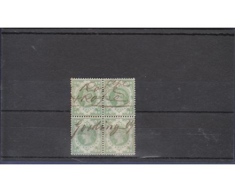 Great Britain 1887 1/- Dull Green  SG211, block of 4, manuscript cancel bottom pair creased.