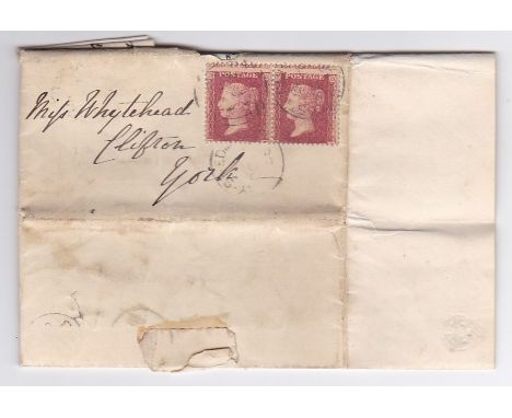 Yorkshire 1858 EL-Hull to York with pair of 1858 1d rose red (GG40) o/c, on reverse part Hull + York single ring receivers. X