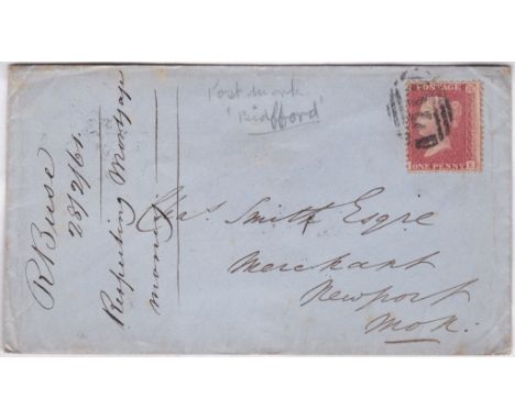 Devon 1861-Cover Bideford to Newport with penny rose red (SG40) (off centre) (SG40) with horizontal numeral cancel '70' for B